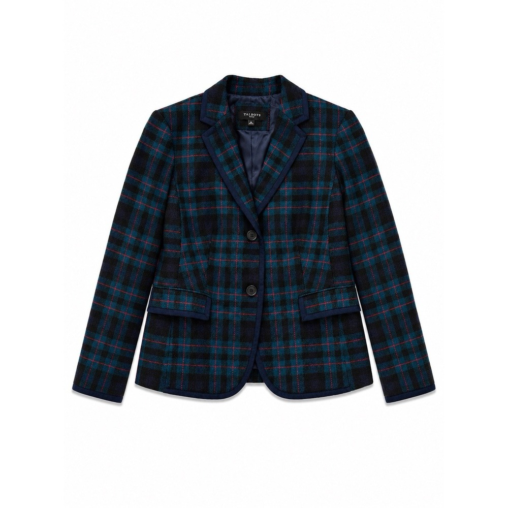 Talbots Wool Blend Plaid Blazer Women's 8P Petites Jacket Navy Equestrian Preppy